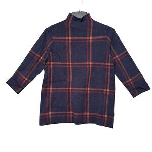 Max Studio Top Sweater Short Sleeve Plaid Blue Mock Neck Womens Medium